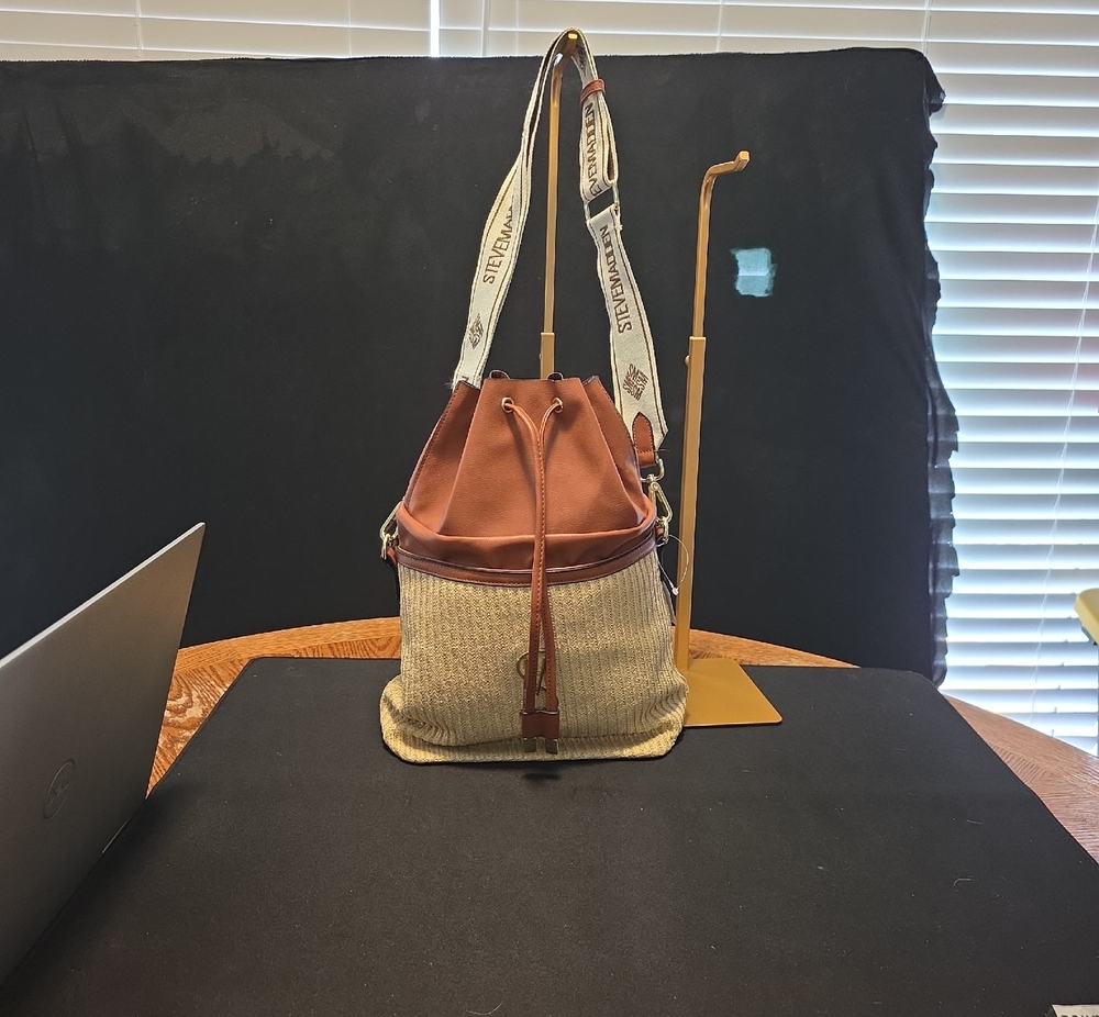Steve Madden Tan Canvas & Brown Leather Drawstring Crossbody